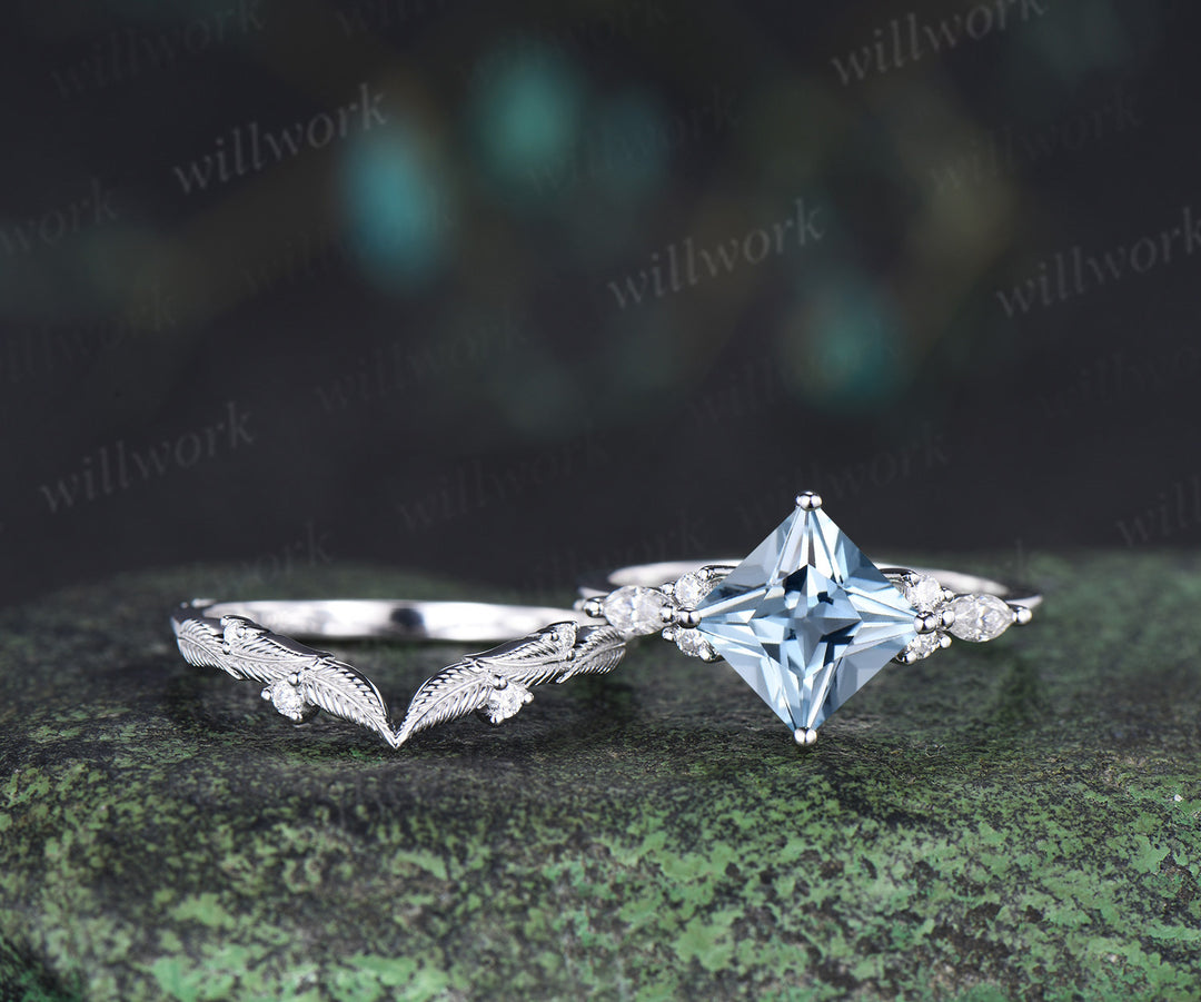 Princess cut natural aquamarine engagement ring set moissanite accent leaf matching band unique bridal set