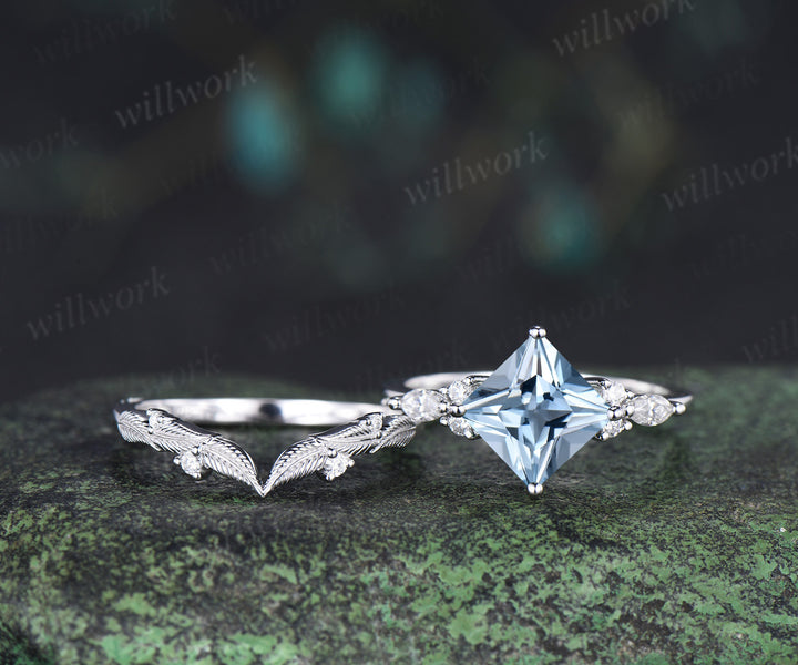 Princess cut natural aquamarine engagement ring set moissanite accent leaf matching band unique bridal set