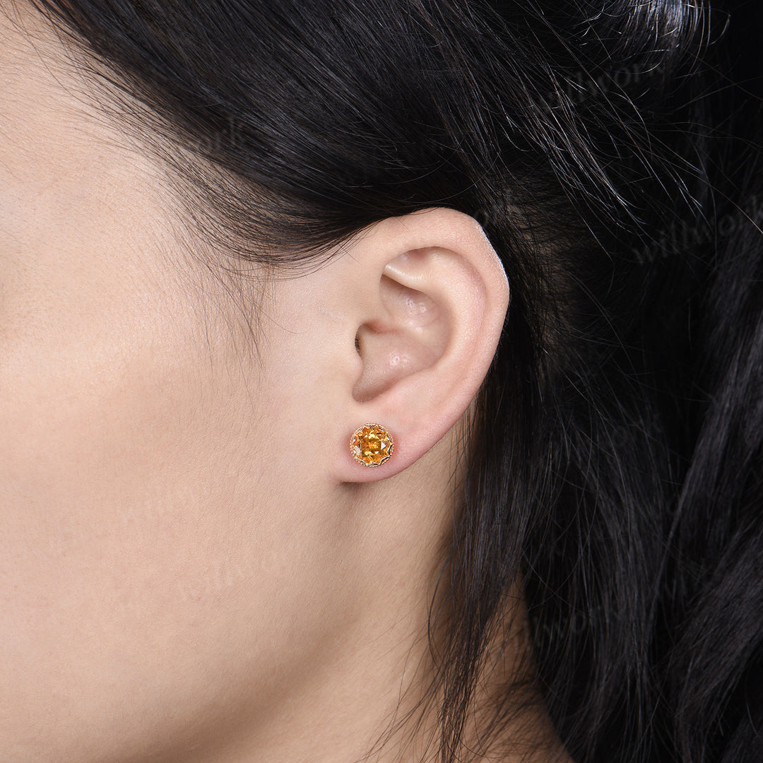 Vintage round citrine stud earrings bezel milgrain elegant earrings November jewelry gifts
