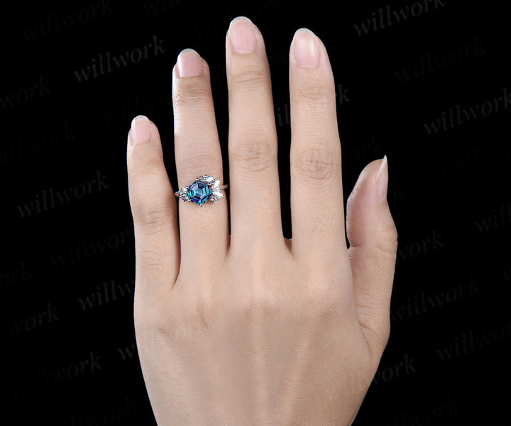 Unique hexagon cut alexandrite ring moissanite alexandrite cluster engagement ring color change gemstone jewelry gifts