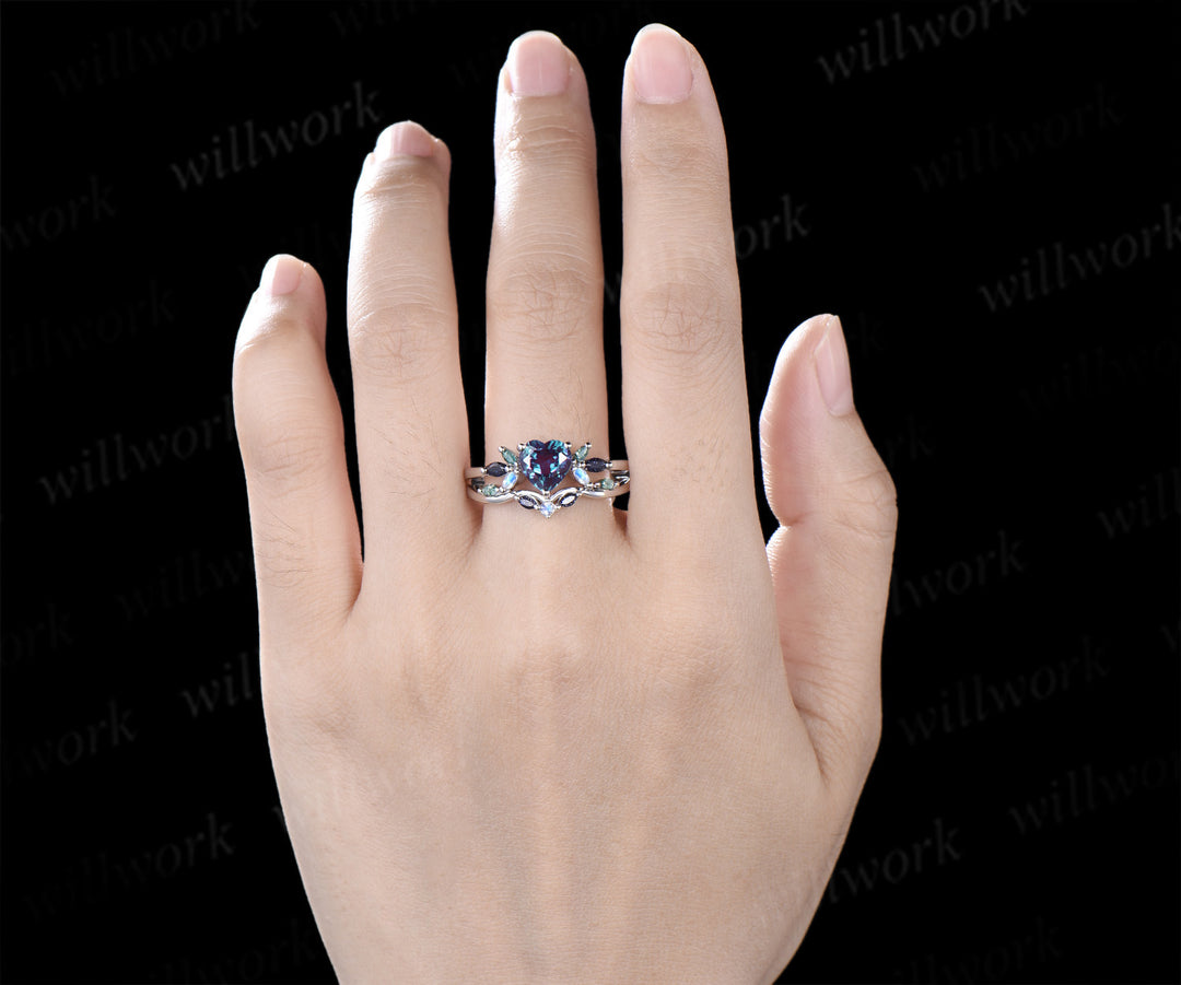 Heart shaped alexandrite ring set vintage blue sandstone moss agate moonstone cluster ring curved matching band bridal set