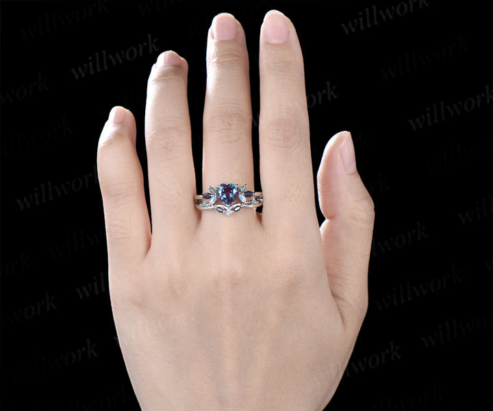 Heart shaped alexandrite ring set vintage blue sandstone moss agate moonstone cluster ring curved matching band bridal set