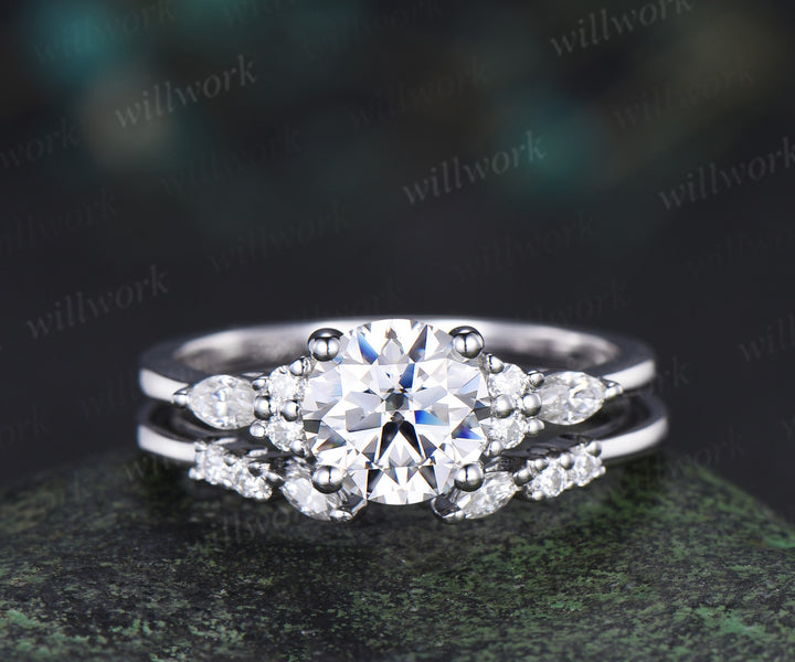 Round cut IGI Lab grown diamond engagement ring set solid 14k 18k white gold seven stone ring open gap wedding band timeless bridal set