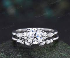 Round cut IGI Lab grown diamond engagement ring set solid 14k 18k white gold seven stone ring open gap wedding band timeless bridal set