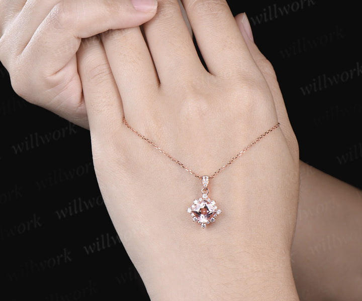 Vintage cushion cut morganite necklace unique diamond halo pendant necklace jewelry gifts