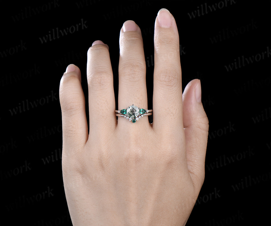 Unique round moss agate engagement ring set five stone pear emeralds moissanite accent ring curved matching band
