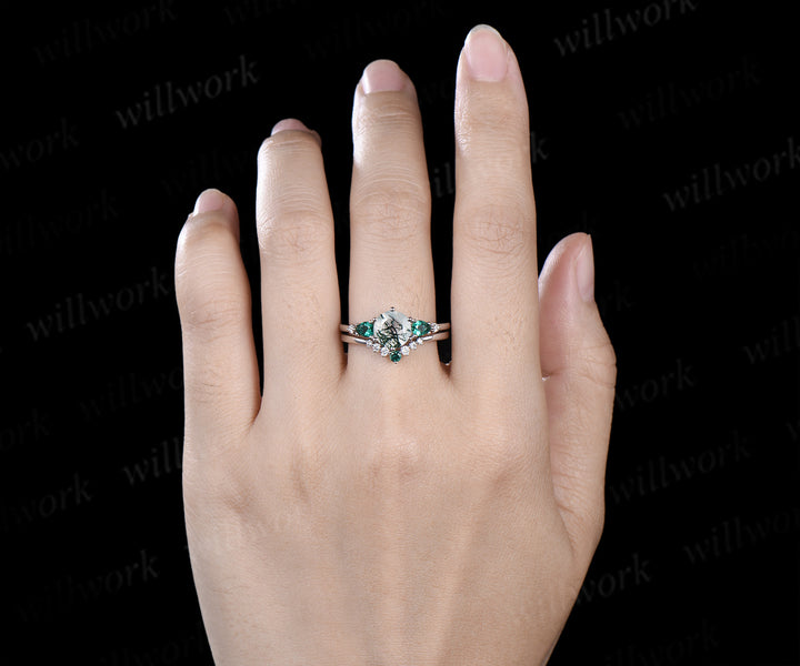Unique round moss agate engagement ring set five stone pear emeralds moissanite accent ring curved matching band