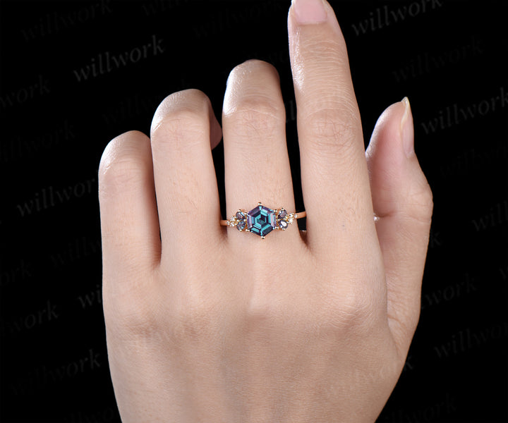 Hexagon cut alexandrite engagement ring unique pear alexandrite moissanite cluster ring solid yellow gold promise ring for women