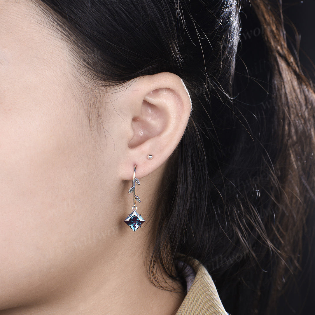 Princess alexandrite earrings marquise alexandrite accent leaf vine inspired hook drop earring