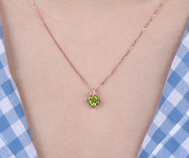 Cushion cut peridot moissanite pendant necklace unique butterfly solid 14k rose gold necklace August birthstone jewelry gifts