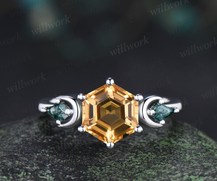 Hexagon cut moss agate engagement ring set three-stone art deco moon kite moss agate ring open gap wedding band