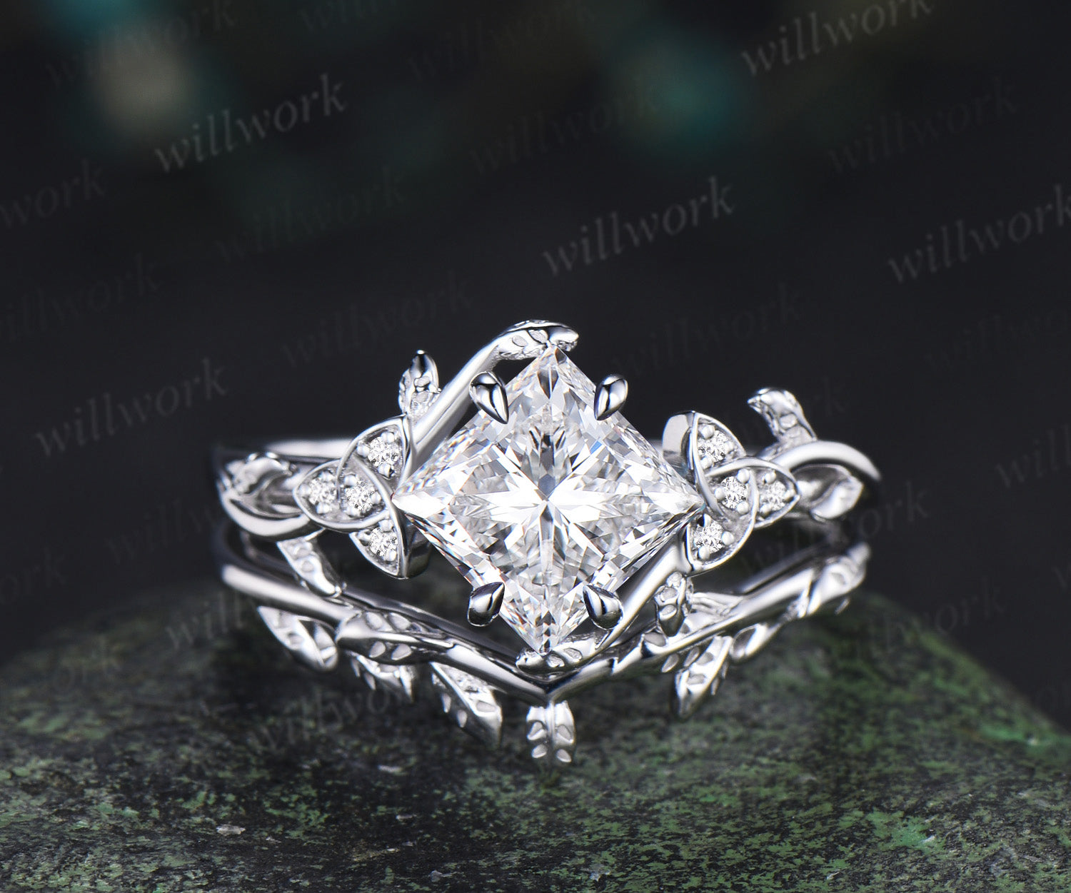 Princess cut lab grown diamond engagement ring leaf twig celtic