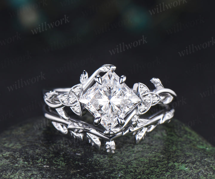 Princess cut lab grown diamond engagement ring leaf twig celtic knot ring diamond promise band nature inspired bridal set