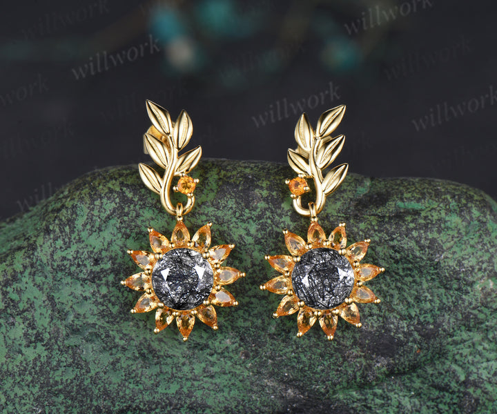 Round cut black rutilated quartz pear yellow citrine earrings unique leaf sunflower drop earrings nature inspired jewelry gifts