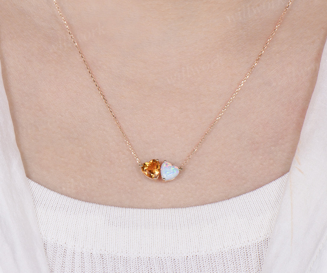 Heart Cut Citrine & Opal Toi Et Moi Necklace Minimalist Two Stones Pendant Gifts for Women