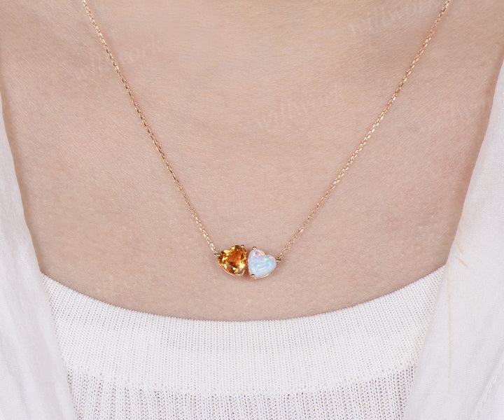 Heart Cut Citrine & Opal Toi Et Moi Necklace Minimalist Two Stones Pendant Gifts for Women