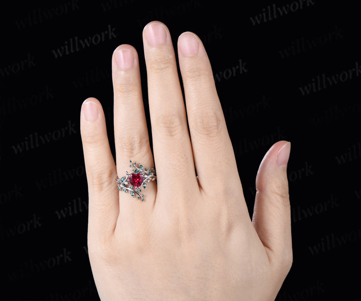 Heart Ruby Moss Agate Leaf Vine Ring Set Nature Twig Leaf Promise Ring Emerald Moss Agate Enhancer Band Unique Bridal Set