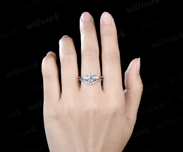 Round Cut Lab Grown Diamond Ring Set Five Stone Sapphire Accents Promise Ring Wedding Bridal Set