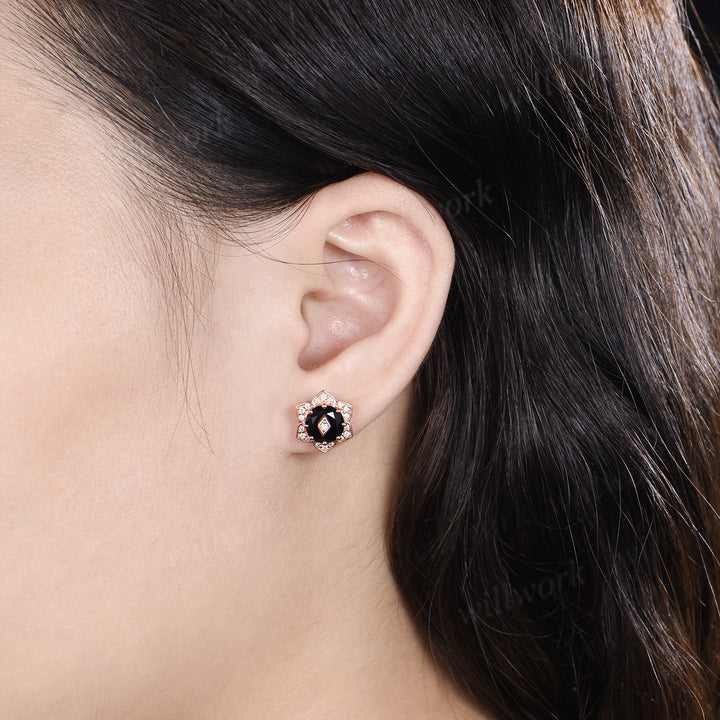 Round Black Onyx Floral Halo Stud Earrings Art Deco Diamond Halo Earrings with Rhombus Inset Unique Flower Earrings