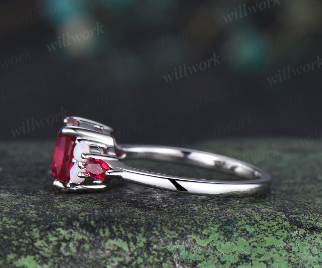 Cushion cut red ruby engagement ring 14k white gold 4 prongs seven stone ring opal marquise ruby bridal ring July birthstone jewelry gifts