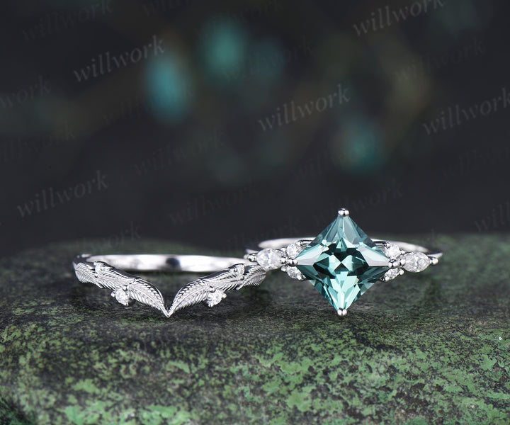Princess cut green sapphire engagement ring set elegant bridal set moissanite accent leaf matching band