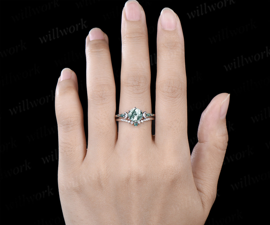 Round cut natural moss agate ring five stone moon 14k rose gold engagement ring set unique wedding ring set