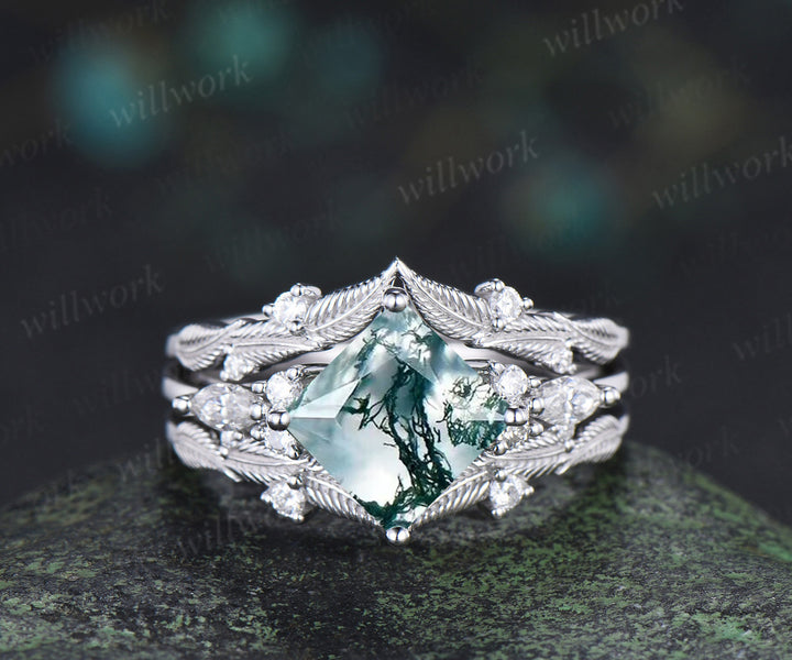 Princess cut natural moss agate engagement ring set moissanite accent leaf matching band unique bridal set