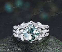 Princess cut natural moss agate engagement ring set moissanite accent leaf matching band unique bridal set