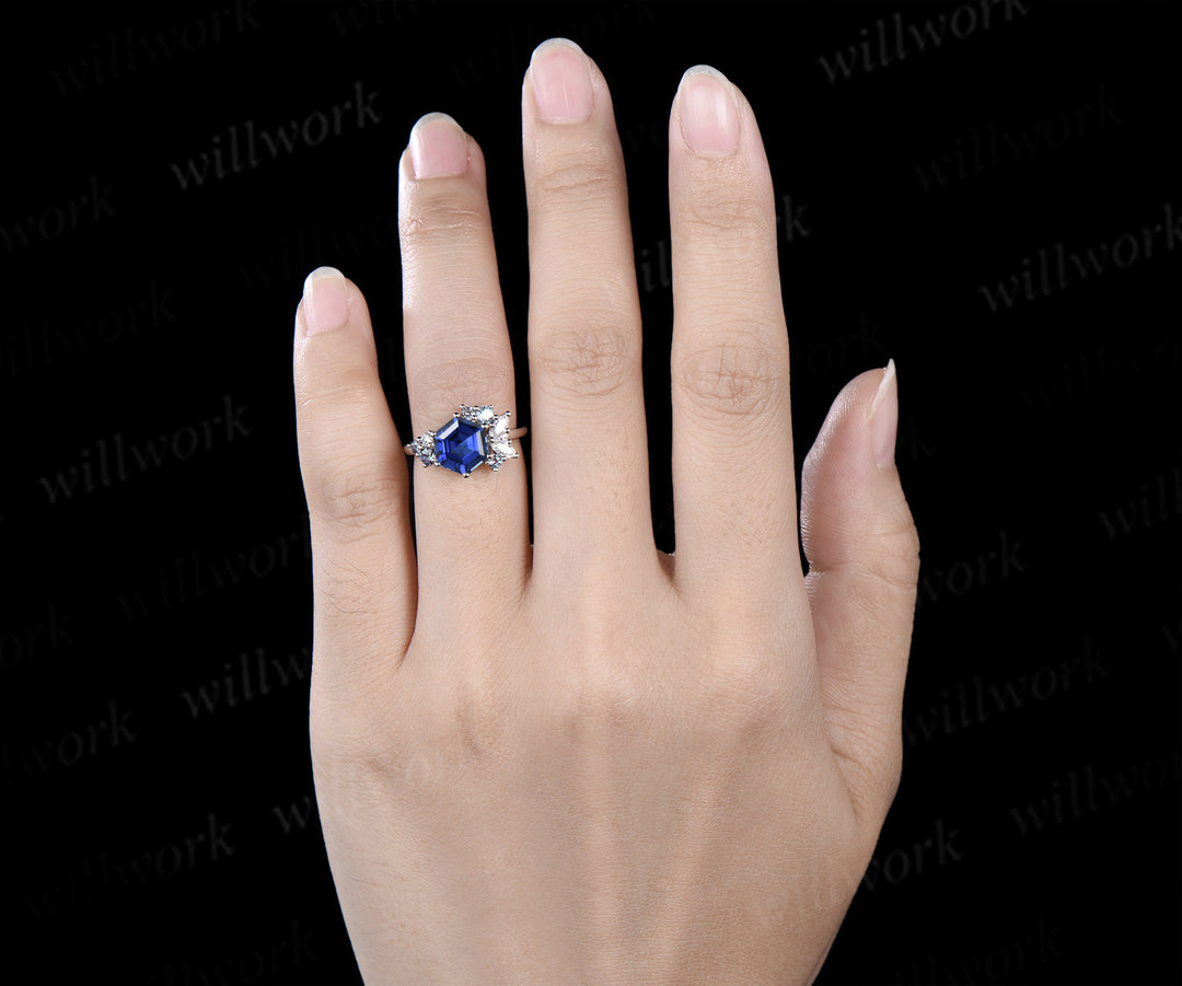 Hexagon cut blue sapphire engagement ring unique cluster alexandrite marquise moissanite bridal wedding ring