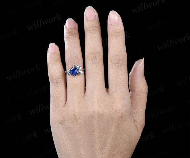Hexagon cut blue sapphire engagement ring unique cluster alexandrite marquise moissanite bridal wedding ring