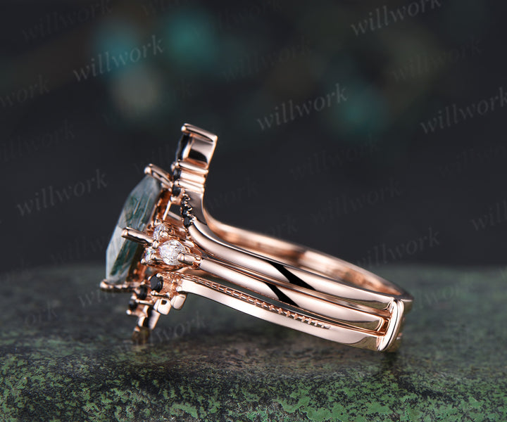 Princess cut moss agate ring set green moss agate marquise moissanite ring unique black spinel band enhancer wrap enchanting bridal set