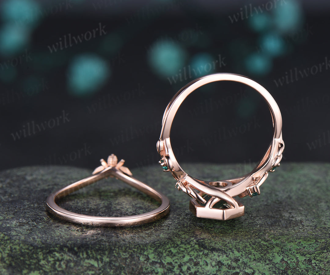 Hexagon cut green sapphire ring set leaf twig emerald promise ring tiny bee curved band unique bridal set