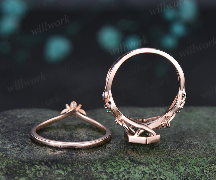Hexagon cut green sapphire ring set leaf twig emerald promise ring tiny bee curved band unique bridal set