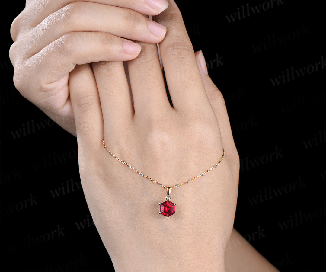 Unique hexagon ruby necklace minimalism red ruby pendant necklace July birthstone gifts for her