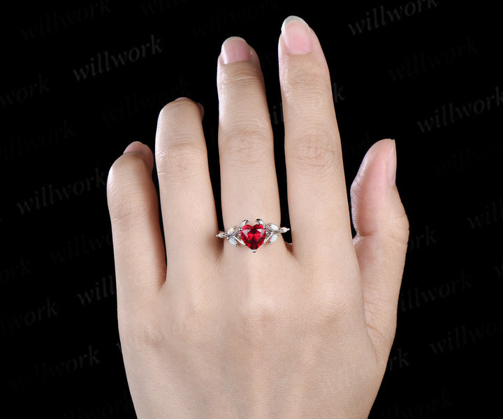 Enchanting heart shape ruby engagement ring leaf split shank cluster opal ring 14k white gold antique promise wedding ring for women
