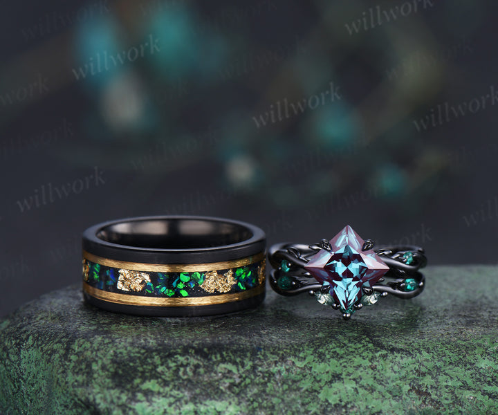 Vintage Princess Cut Alexandrite Twig Leaf Ring Set& Tungsten Black Opals Gold Flakes Men’s Band Couple Ring Set