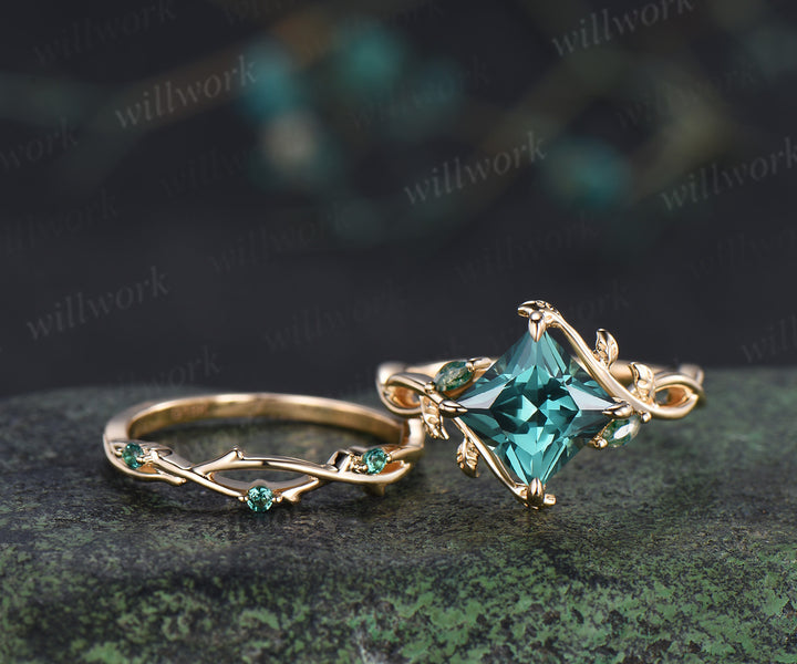 Vintage Princess cut green sapphire ring set leaf marquise moss agate infinity ring branch emerald wedding band