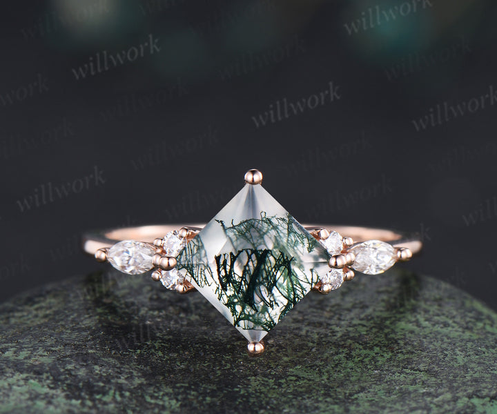 Princess cut moss agate ring set green moss agate marquise moissanite ring unique black spinel band enhancer wrap enchanting bridal set