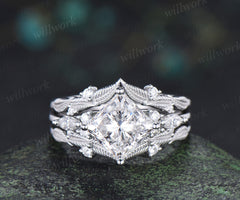 Vintage princess cut Lab grown diamond engagement ring set diamond accent leaf matching ring bridal set