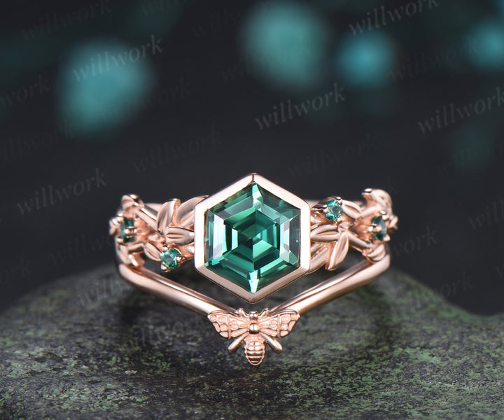 Hexagon cut green sapphire ring set leaf twig emerald promise ring tiny bee curved band unique bridal set