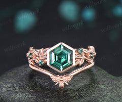 Hexagon cut green sapphire ring set leaf twig emerald promise ring tiny bee curved band unique bridal set