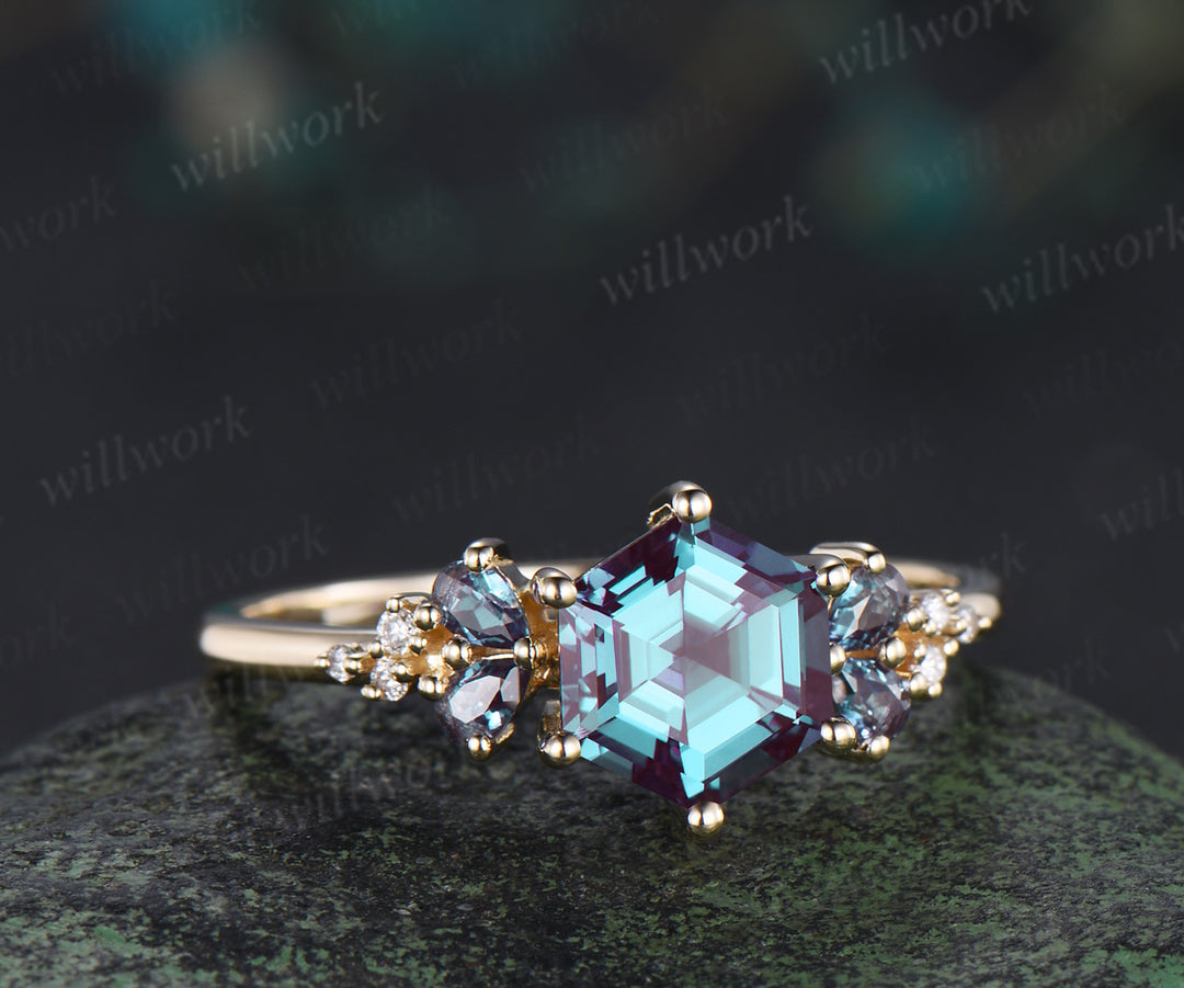 Hexagon cut alexandrite engagement ring unique pear alexandrite moissanite cluster ring solid yellow gold promise ring for women