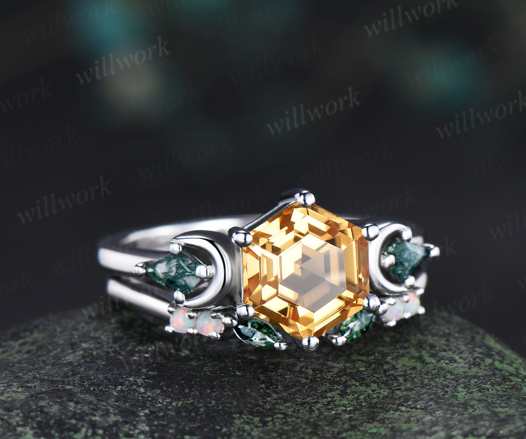 Hexagon cut moss agate engagement ring set three-stone art deco moon kite moss agate ring open gap wedding band