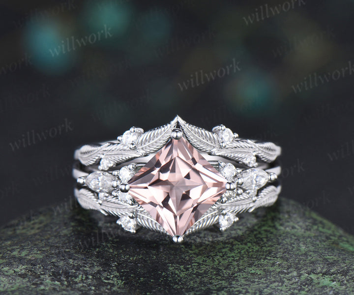 Princess cut natural morganite engagement ring set moissanite accent leaf matching band wedding bridal set