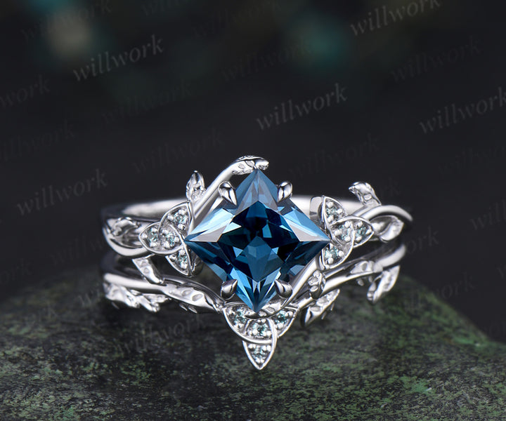 Princess cut London blue topaz engagement ring set art deco alexandrite celtic knot leaf twig ring unique bridal set