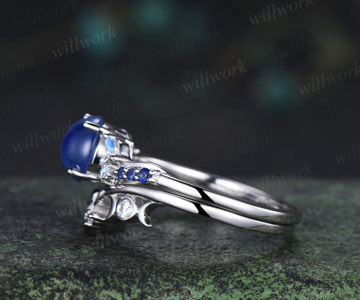 7mm round star sapphire engagement ring set moon star moonstone sapphire ring celtic knot wedding band bridal set