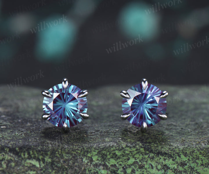 Round Fireworks Cut Alexandrite Stud Earrings Claw Prong Solitaire Minimalist Earrings Color Change Gem Jewelry