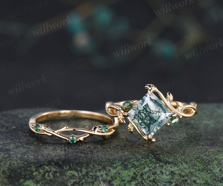 Vintage Princess cut moss agate ring set leaf marquise moss agate infinity ring branch emerald wedding band bridal set