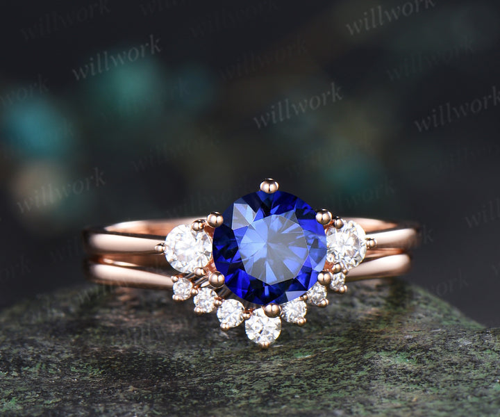 Round cut blue sapphire engagement ring set three stone sapphire moissanite promise ring curved wedding band minimalist bridal set