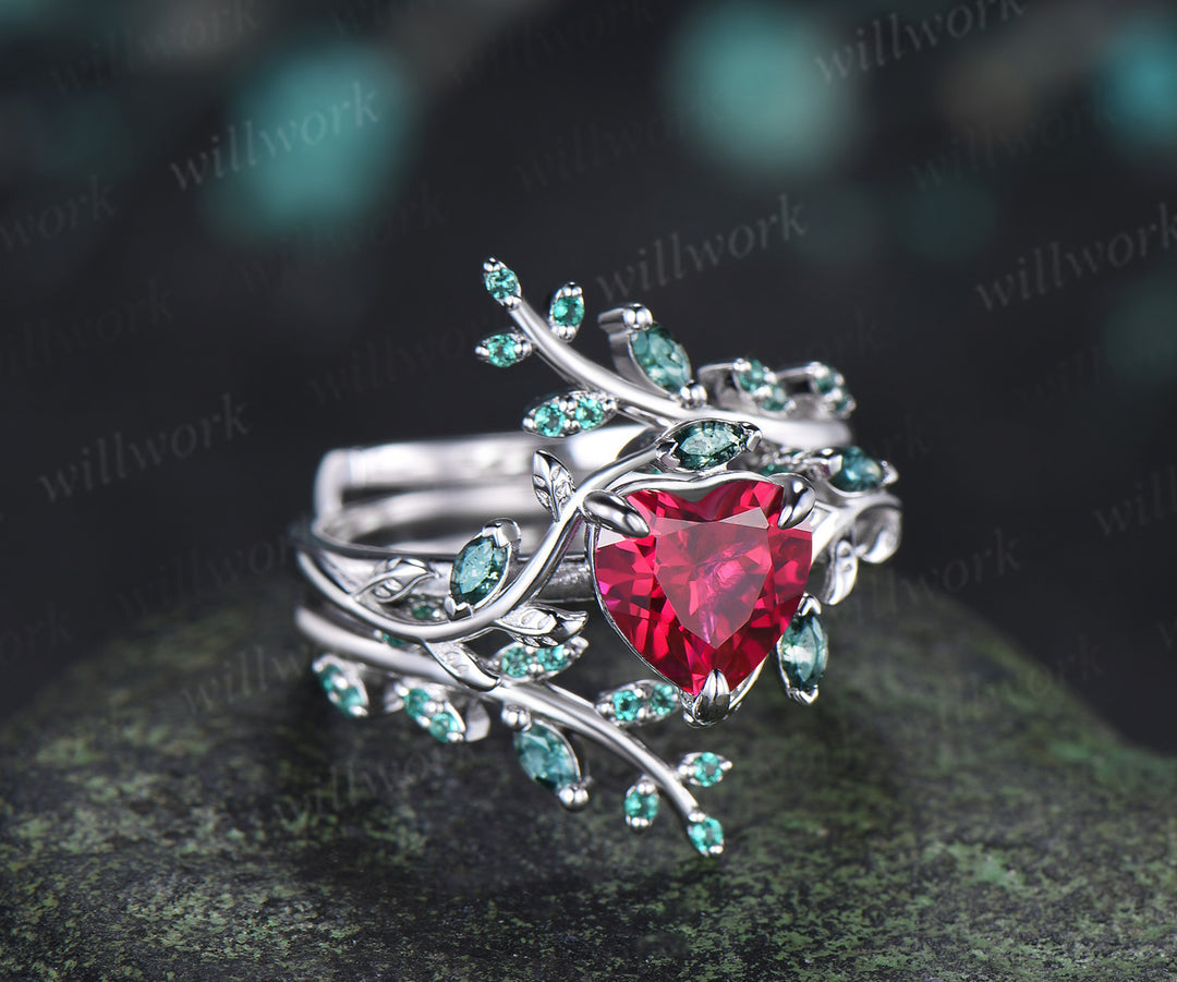 Heart Ruby Moss Agate Leaf Vine Ring Set Nature Twig Leaf Promise Ring Emerald Moss Agate Enhancer Band Unique Bridal Set